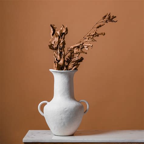 Casa Decor Matte White Textured Metal Vase with Side Handles – Amphora