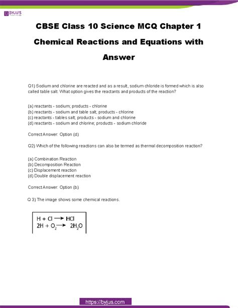 CBSE Class 10 Science MCQ Chapter 1 Chemical Reactions and Equations ...
