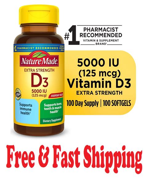 Extra Strength Vitamin D3 5000 IU (125 Mcg) Softgels, Dietary Suppleme ...