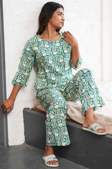 Aquamarine rush Block Printed Night suit