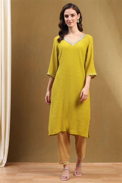 Mustard Yellow Viscose Blend Straight Festive Kurta at Biba India