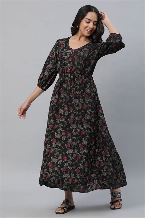 Buy Black Floral Printed Gathered Dress Online for Woman | Shop for Aurelia
