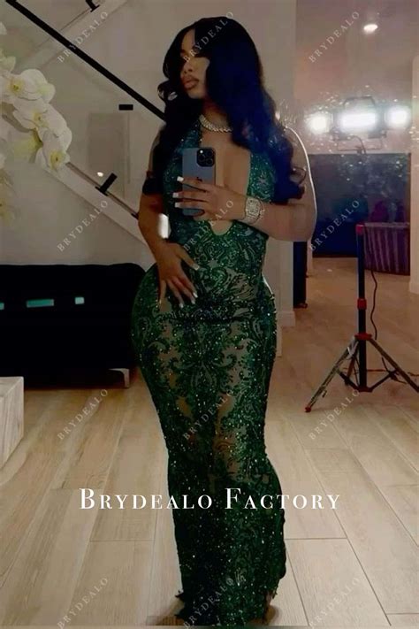 Green Sequined Plunging Neck Floor Length Sheath Prom Dress