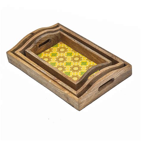 Wooden Serving Tray | Basant Printed Wooden Tray With Curved Handle