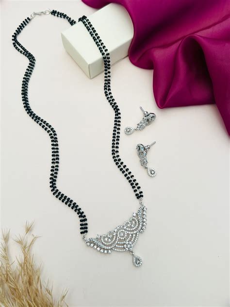 Silver Plated Long Peacock Mangalsutra Set with Earrings ...