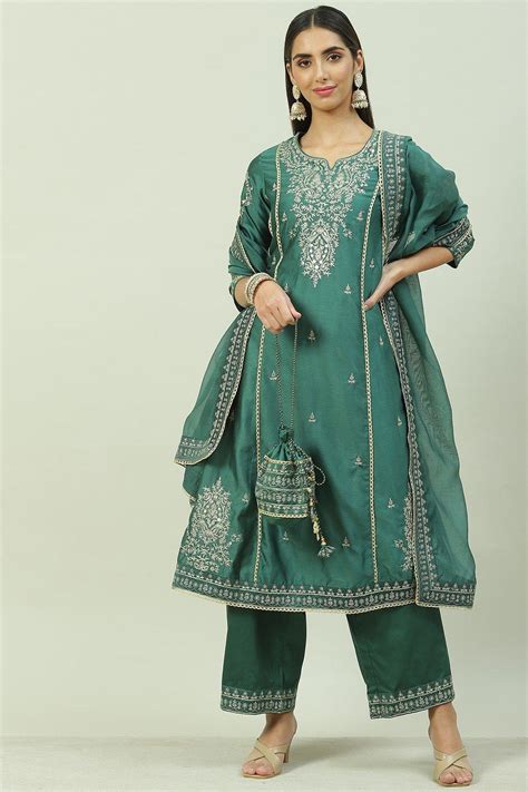 Dark Green Cotton Blend A-Line Kurta Palazzo Suit Set at Biba India
