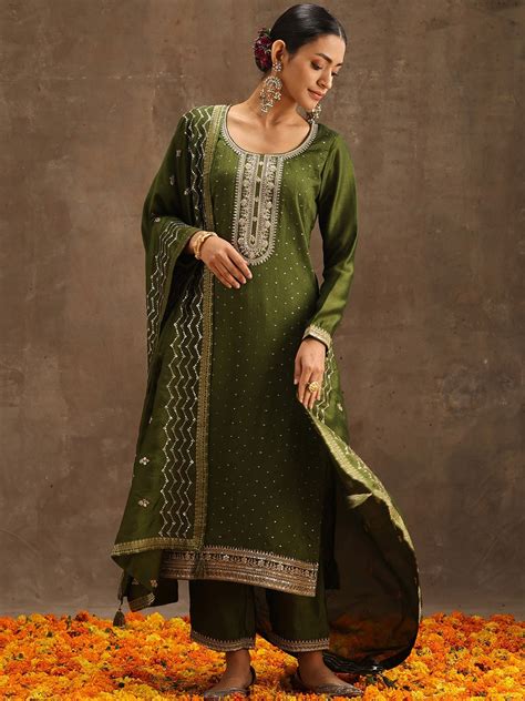 Libas Olive Green Floral Embroidered Kurta With Trousers & With Dupatta ...