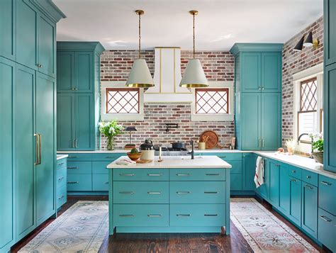 A Surprising Custom Kitchen Pairs Awesome Teal with Red Brick