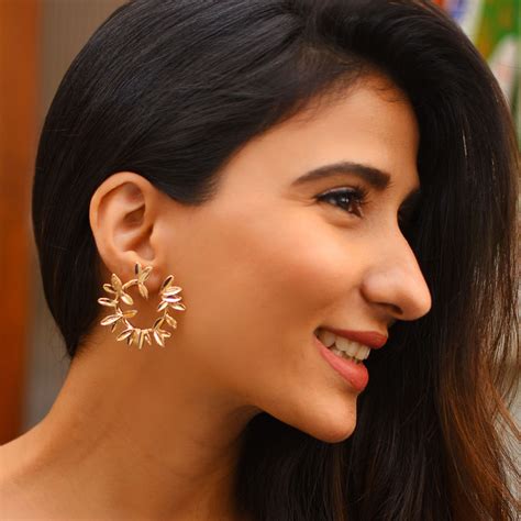 Buy ToniQ Gold Leaf Half Contemporary Stud Earrings For Women Online