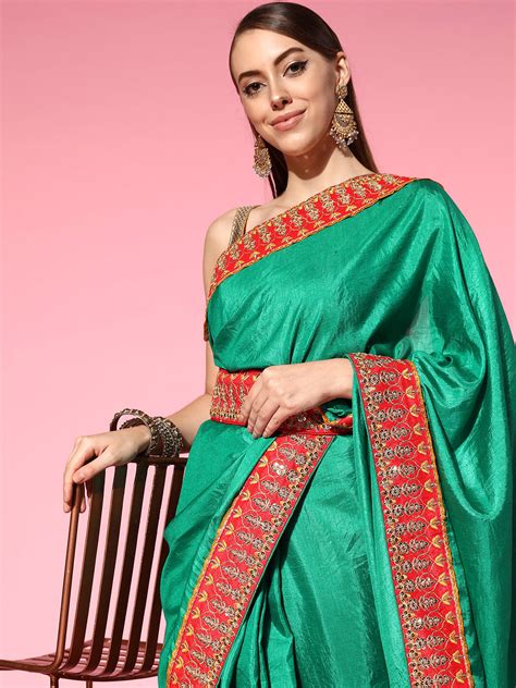 OUUX5601 Chhabra 555 Teal Green Bhagalpuri Silk Belted Saree With ...