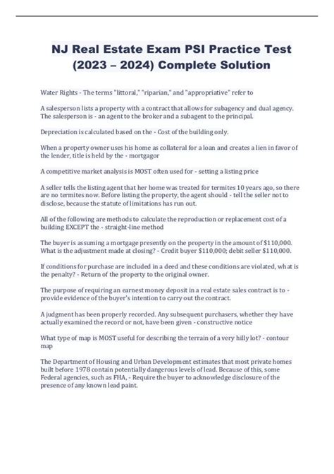 NJ Real Estate Exam PSI Practice Test (2023 – 2024) Complete Solution ...