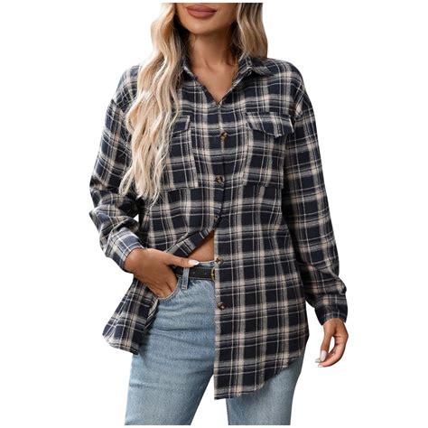 Arnsht Womens Plus Size Flannel Shirts Plaid Shirts with Pocket Long ...