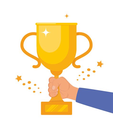 Human hand holding golden winner cup trophy. Competition success ...