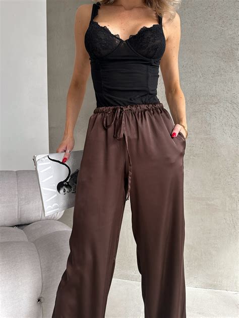 Silk Pants Silk Trousers High-waisted Brown Silk Pants Silk Straight ...