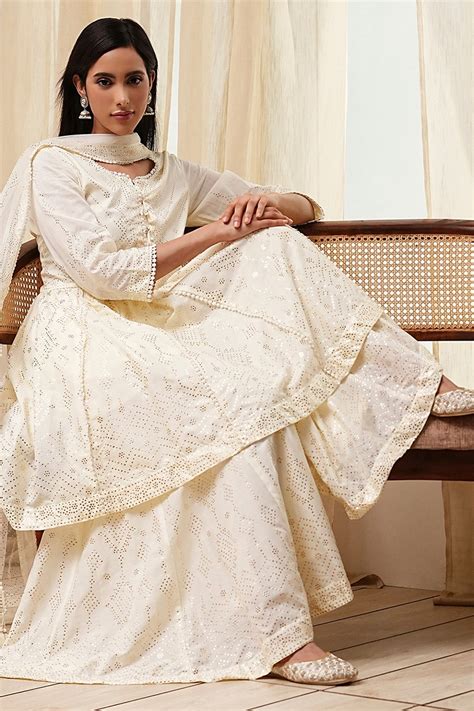 Buy Off-White Cotton Metallic Flared Suit Set Online at Biba India