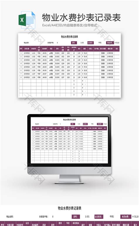 物业水费抄表记录表Excel模板_千库网(excelID：161885)