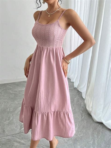 DAZY Lace Patchwork Camisole Dress, Fitted Solid Color Mid-Length Dress ...