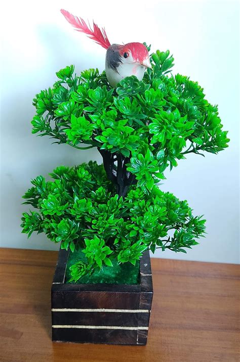 Buy Love Art Artificial Green Plants with Wooden Pot Bonsai Potted Faux ...