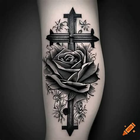 Intricate tattoo design featuring a rose and cross in monochrome on Craiyon