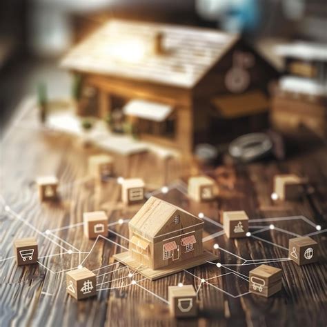 A network of store icons connected on wooden blocks symbolizing ...