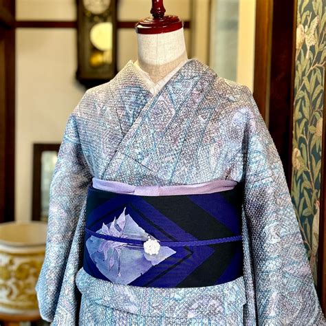 Dia flower＊菱 ダイヤ 塩瀬 ネイビーパープル ブラック リサイクル塩瀬名古屋帯 A452 | kimono tento