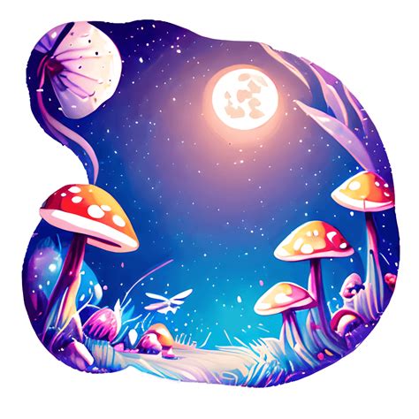 Funghi magici con luna piena, libellule, cristalli, stravagante scena magica nella foresta ...