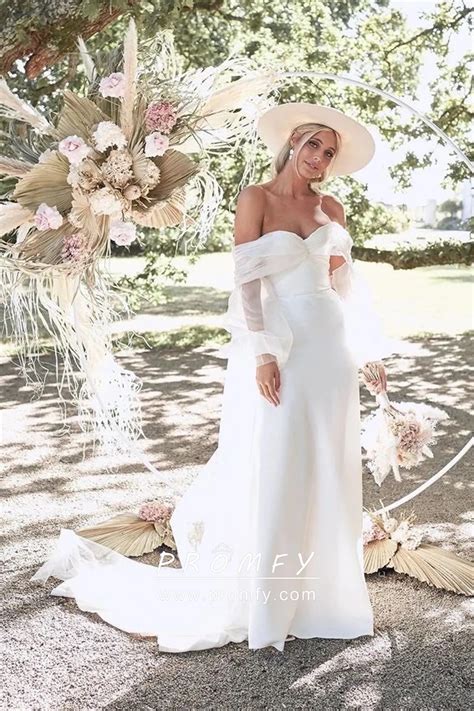 Off-the-shoulder Puff Sleeve Destination Bridal Dress - Promfy