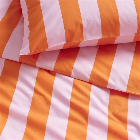 SLÅNHÖSTMAL duvet cover and pillowcase, orange/pink/striped, 150x200 ...