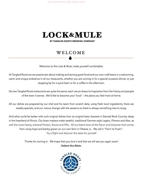 Menu at Lock & Mule by Tangled Roots Brewing Company pub & bar, Lockport