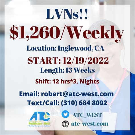 ATC West Healthcare is hiring LVNs!! Location: Inglewood, CA Title: LVN Pay Rate: Local Rate ...