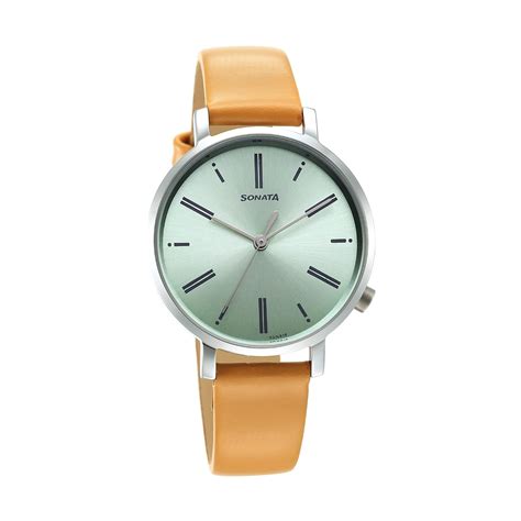 Sonata Essentials Green Dial Leather Strap Watch for Women-87045SL01 ...