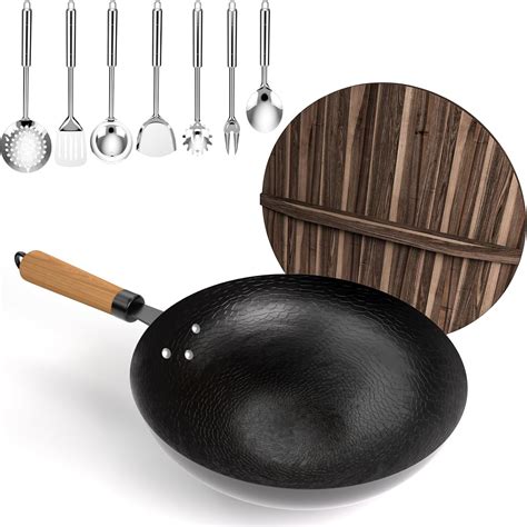 Amazon.com: NFFTYUUT Carbon Steel Wok Pan, 8 Piece Woks & Stir-Fry Pans ...