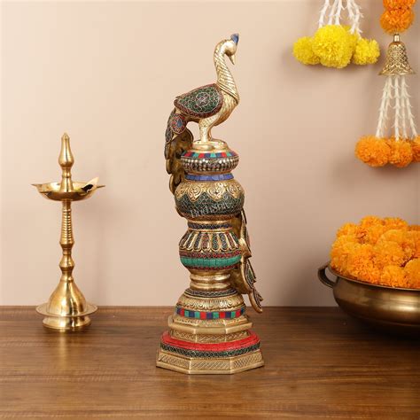 Buy Large brass Peacock Showpiece with Meenakari - 20 Inch - Budhshiv.com