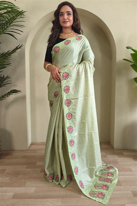 Flaunt Pista Embroidery Work Tussar Silk Saree With Demure Blouse Piec ...