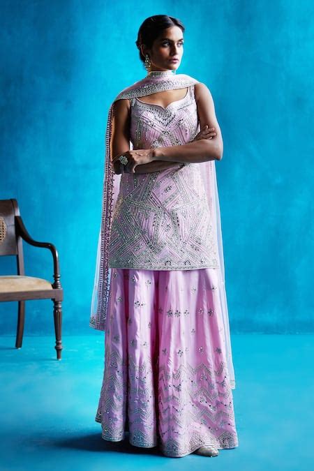 Buy Pink Gota Patti, Mirror And Zari Leaf Neck Silk Kurta Sharara Set ...