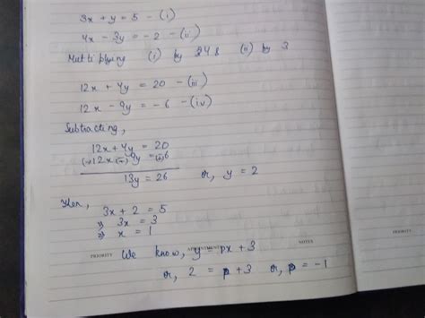 SOLVE THE EQUATIONS SIMULTANEOUSLY : 3X+Y=5 AND 4X-3Y=-2. Hence find p ...