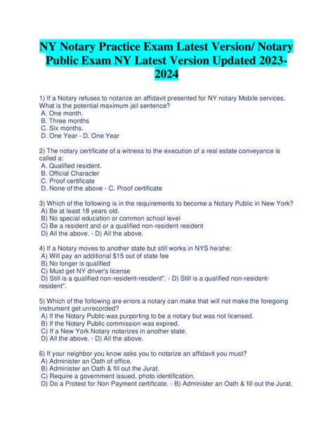 NY Notary Practice Exam Latest Version/ Notary Public Exam NY Latest ...