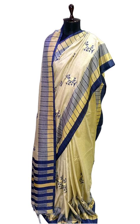 Embroidery Work Soft Kosa Silk Saree in Cream, Khaki and Navy Blue Thr ...