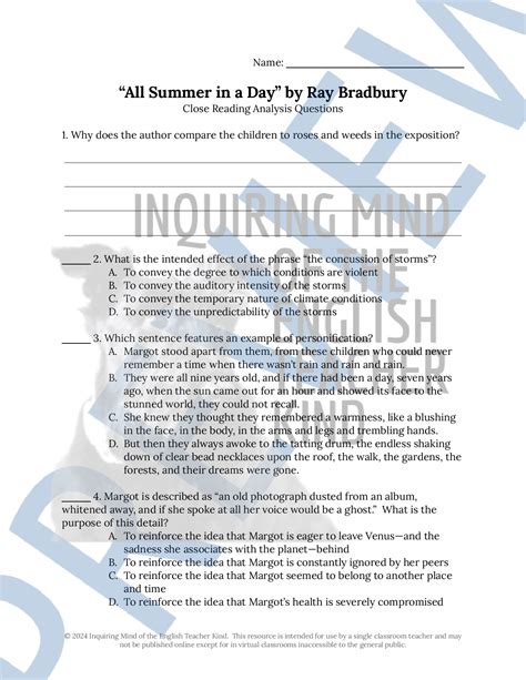 “All Summer in a Day” by Ray Bradbury Close Reading Analysis Worksheet ...