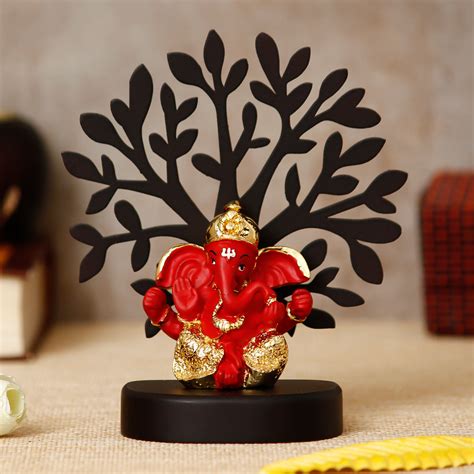 Gold Plated Orange Dhoti Ganesha Decorative Showpiece with Wooden Tree ...