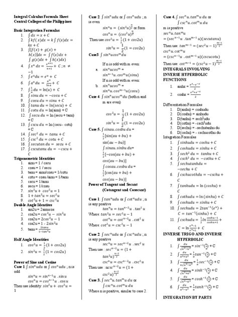Image result for Calc Integral Formula Sheet