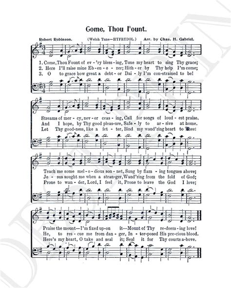Come Thou Fount Hymn Lyrics - Hymnal Sheet - Sheet Music- Home Decor ...