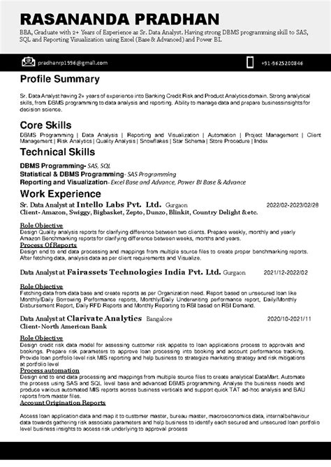 Rasananda Pradhan CV - Sr. Data Analyst with 2+ Yrs Experience - Studocu