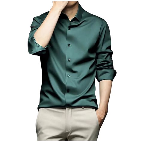 Elvqul Men's Shirts Long Sleeve On Green Solid Collared Mens Tops ...