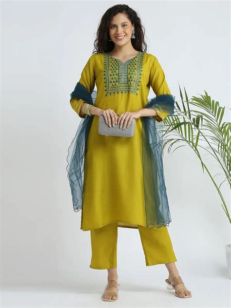 MEGHRIKA ETHNICS Lemon Cotton Blend Thread Embroidered Kurta With Pant ...