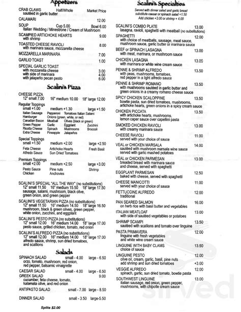 Scalini's Pizza & Pasta menu in Dallas, Texas, USA