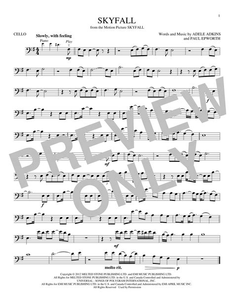 Skyfall by Adele Sheet Music for Cello PlayAlong at Sheet Music Direct