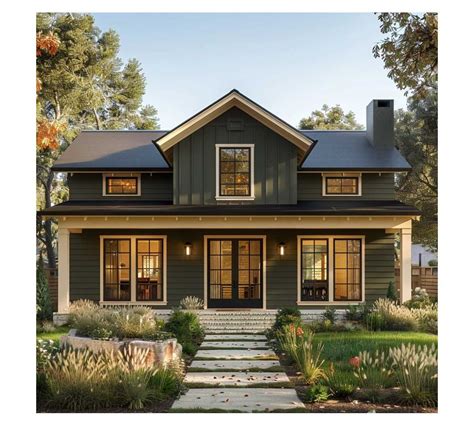 Cottage style modern mountain house facade in olive green board and ...