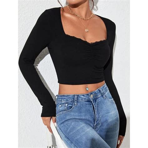 Buy GLARE & BLAIR Solid Sweetheart Neck Lace Trim Women Long Sleeve ...