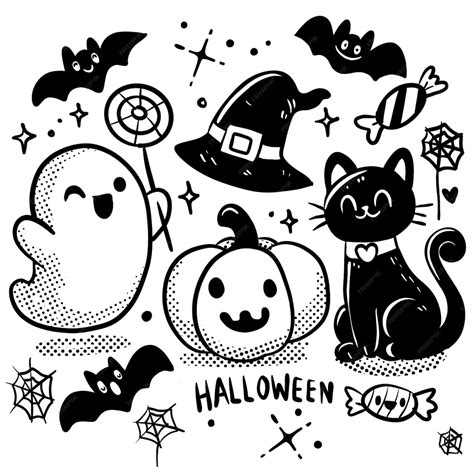 Premium Vector | Cute Halloween Doodle with Ghost and Cat on White ...